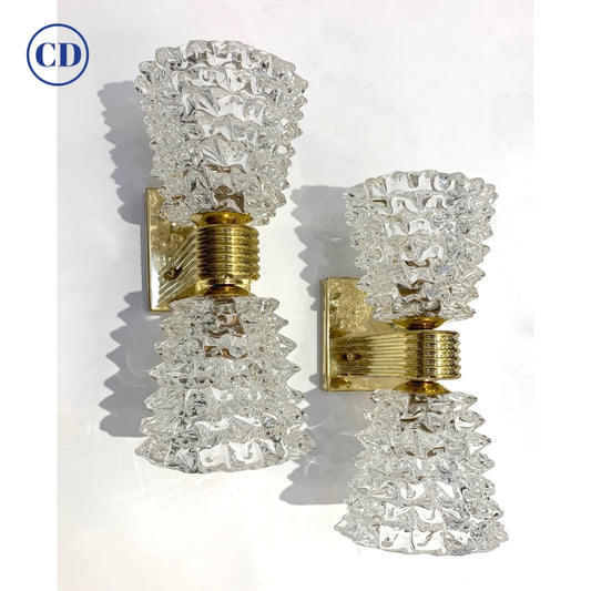 Contemporary Italian Rostrato Crystal Murano Glass & Brass Double-Lit Sconces