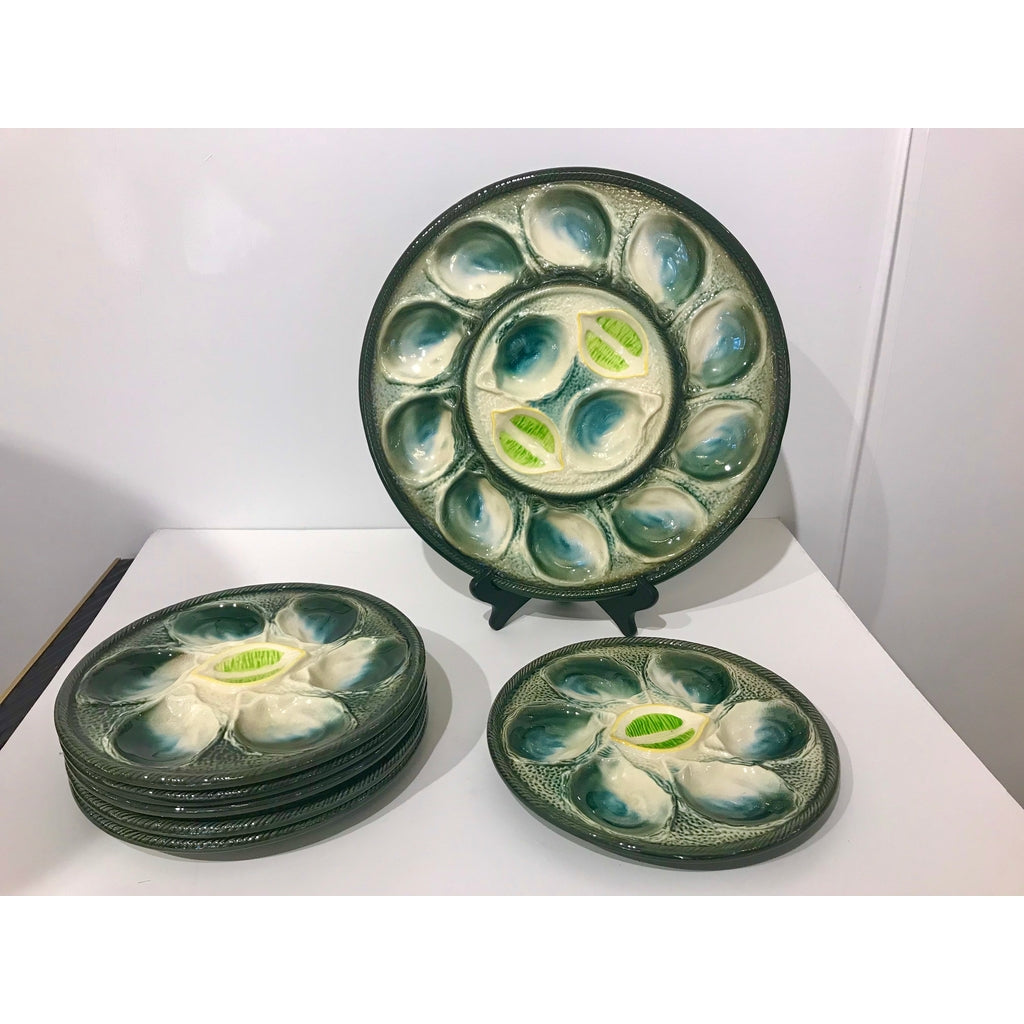 St Clement French Art Deco Majolica Set of 6 Oyster Plates and Serving Platter