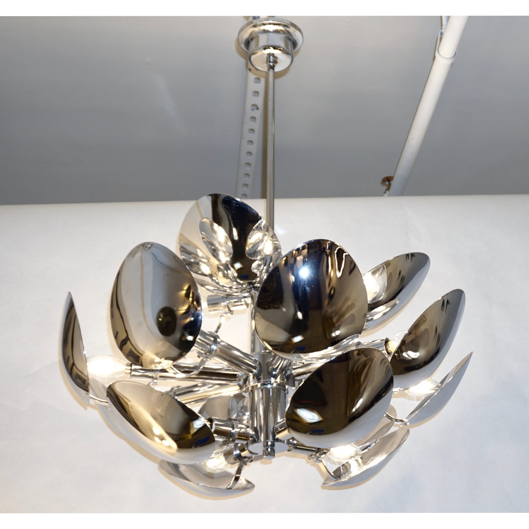 1970 Italian Vintage Oval Leaf Nickel Chandelier Attributed to Goffredo Reggiani