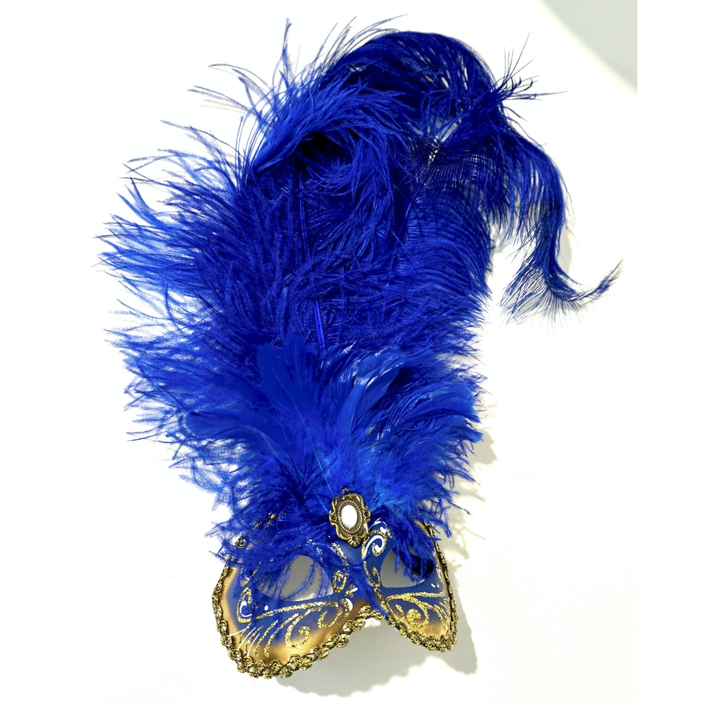 Italian Modern Venetian Handmade Blue and Gold Carnival Mask with Feathers