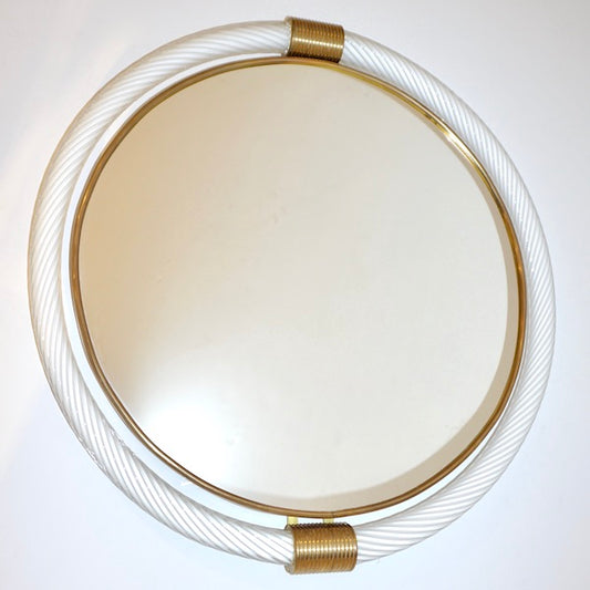 1990s Barovier Italian Milk White Twisted Murano Glass Modern Round Brass Mirror