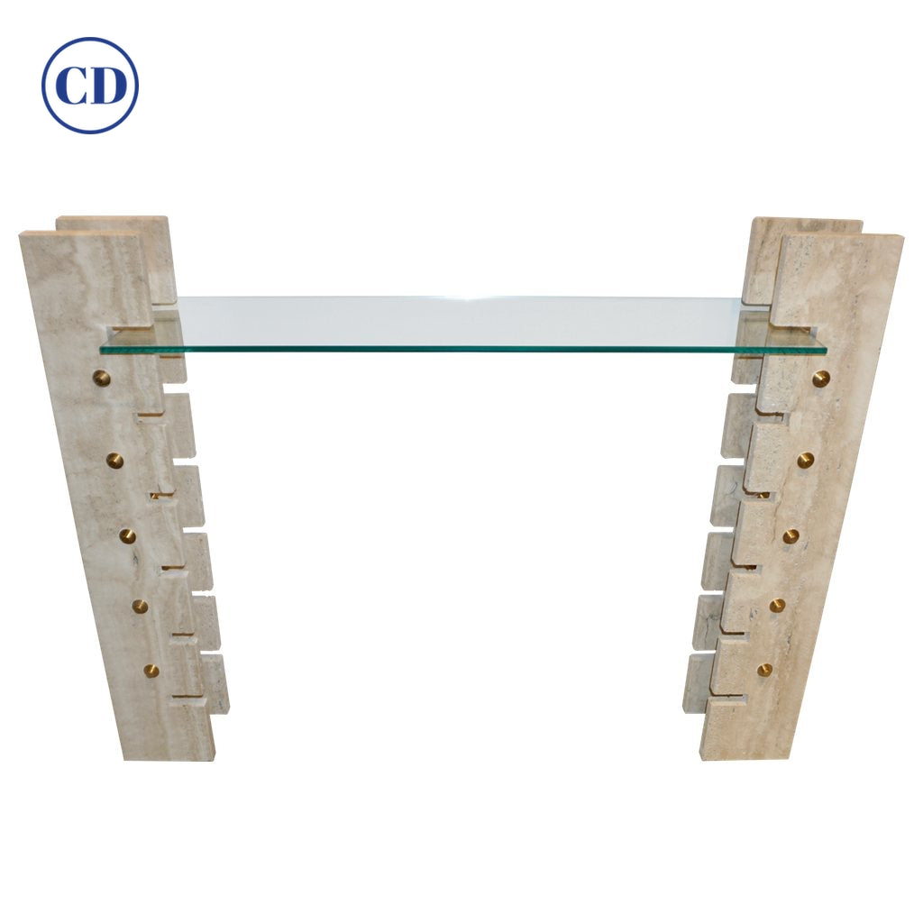 Contemporary Italian Minimalist Organic Shelf White Travertine Marble Console