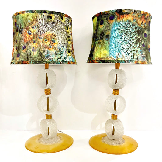 Italian 1970s Vintage Art Deco Pair of White Amber Gold Murano Glass Ring Lamps
