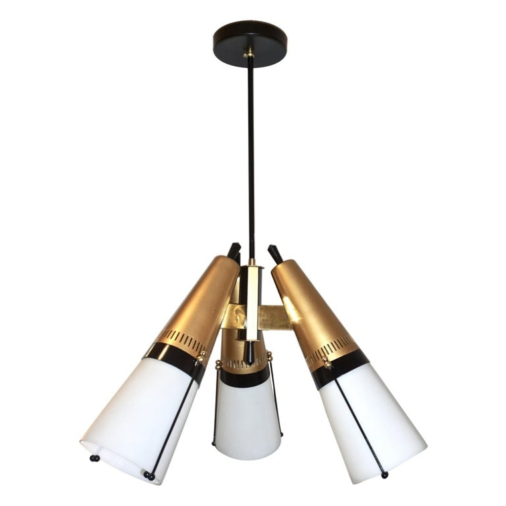 Torlasco 1950s Italian Vintage Brass Black White Three-Light Cone Chandelier