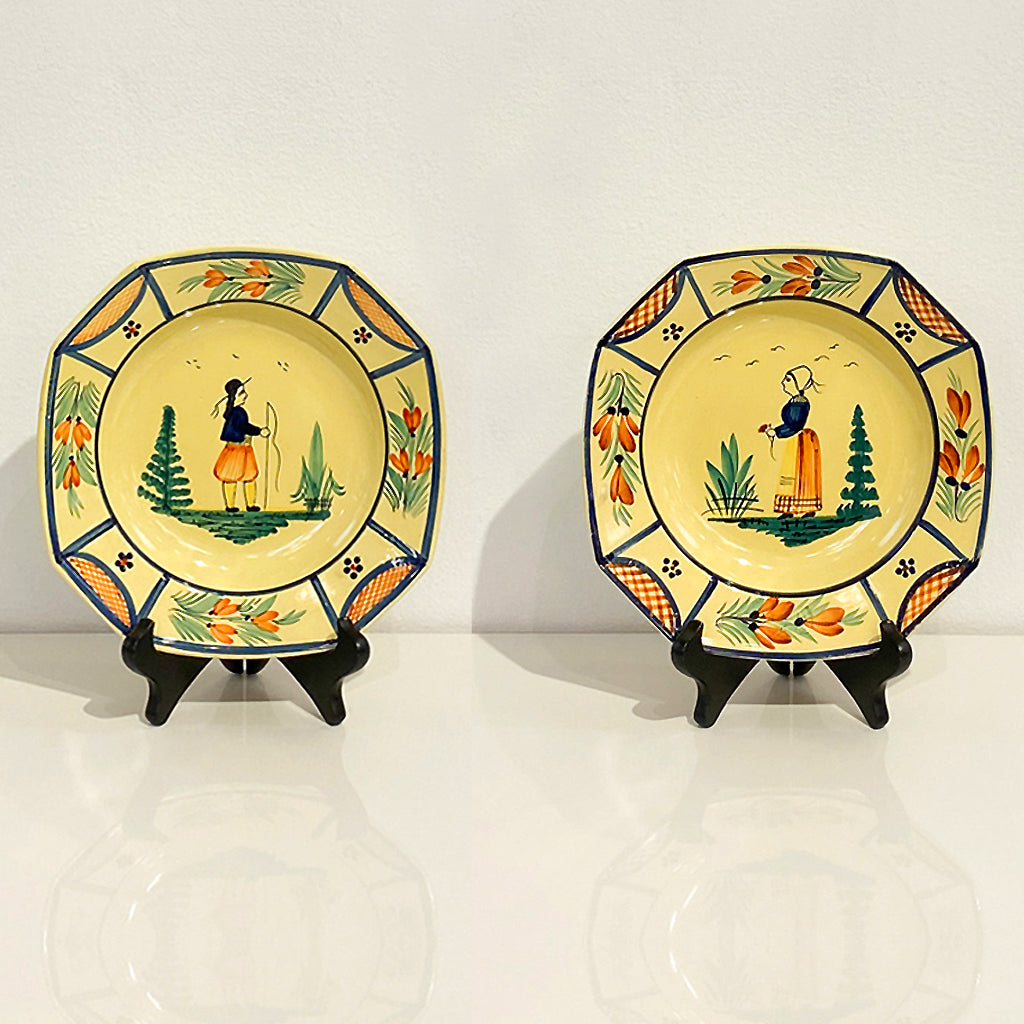 1930s French Henriot Quimper Faience Pair of Man Woman Octagonal Yellow Plates