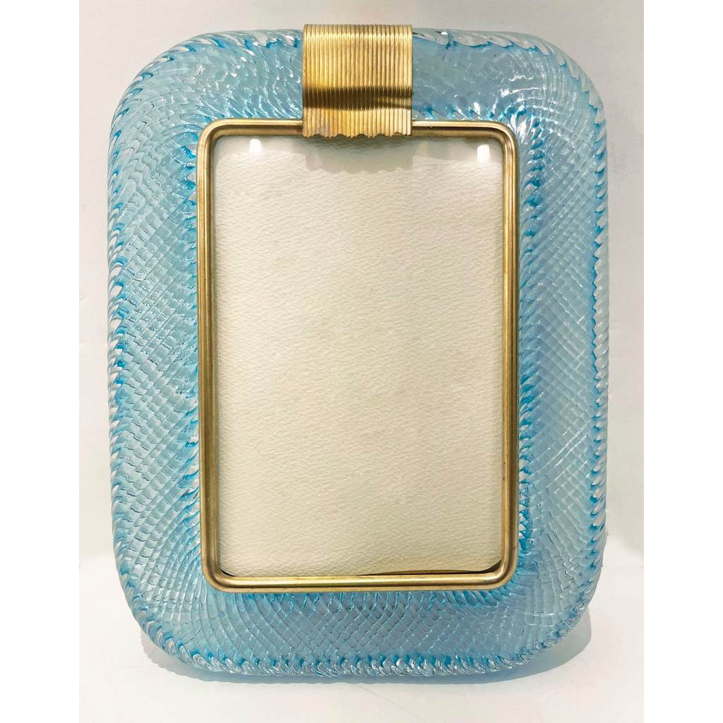 2000s Barovier Toso Italian Aquamarine Blue Murano Glass Brass Picture Frame