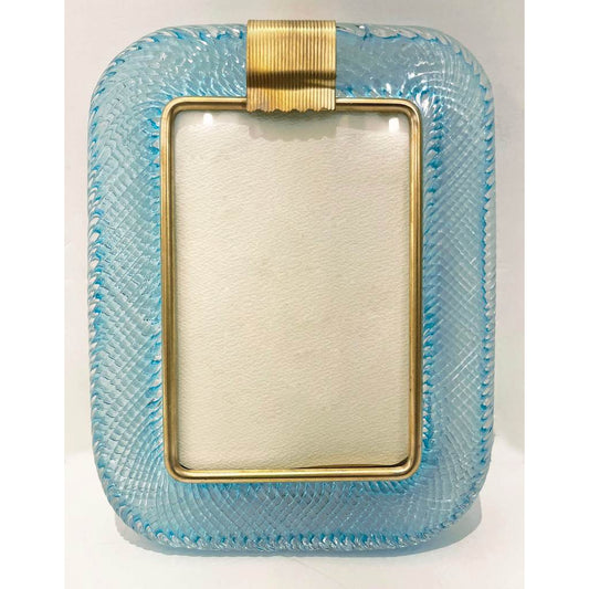 2000s Barovier Toso Italian Aquamarine Blue Murano Glass Brass Picture Frame