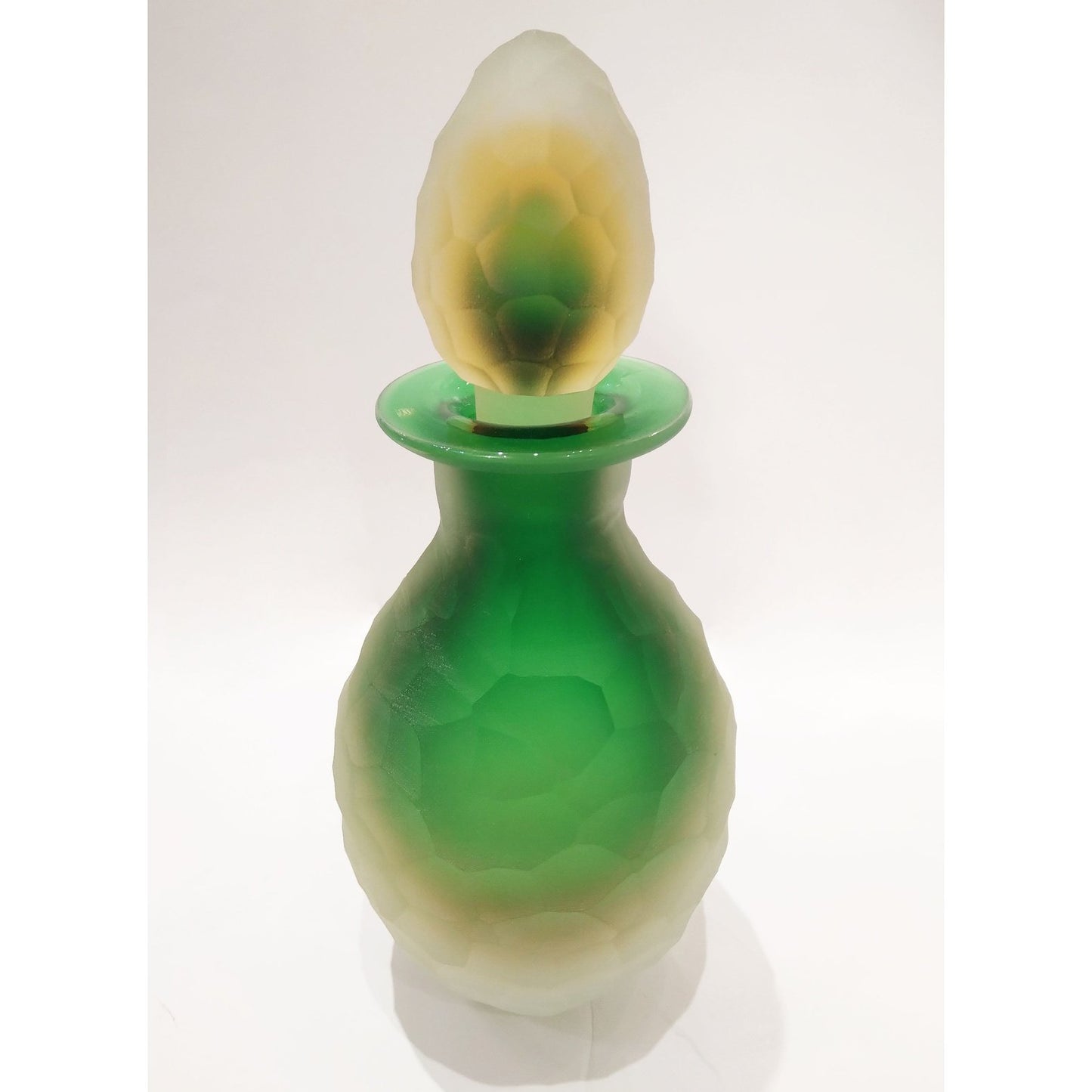 Early 1900s Antique Italian Crystal Green Yellow Layered Murano Glass Bottle