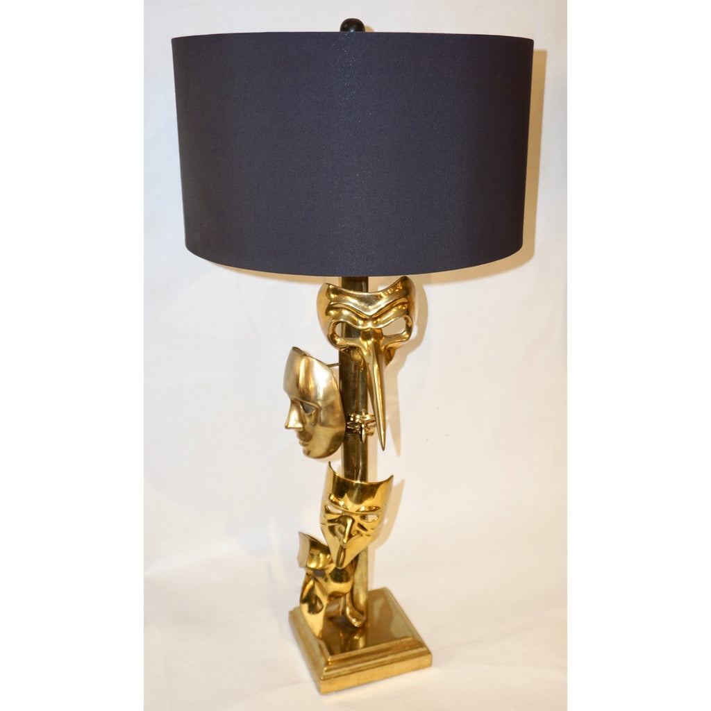 One of a Kind Italian Pair Deco Modern Art Lamps with Cast Brass Carnival Masks
