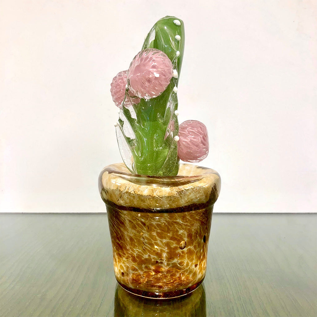 2000s Italian Green Murano Art Glass Cactus Plant with Pink Flowers in Amber Pot