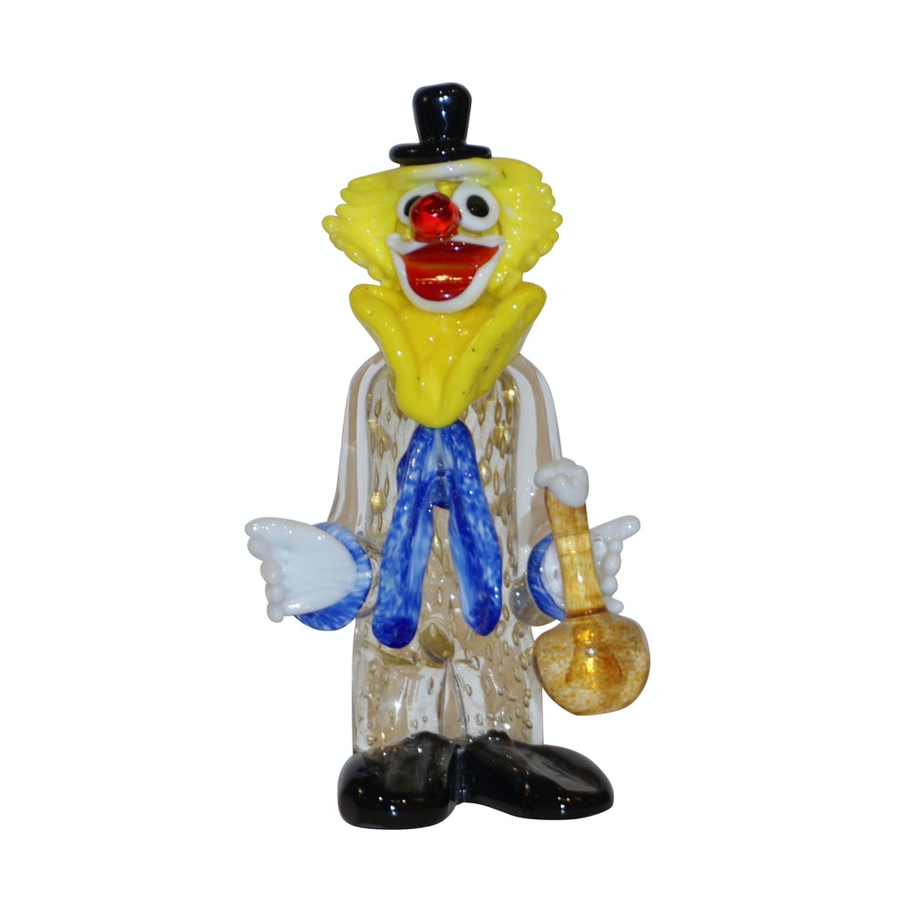 Modern Italian Yellow Black Murano Glass Clown Sculpture with Bottle & Blue Tie