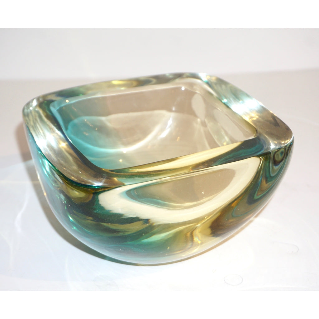 Venini 1970s Italian Square Golden Yellow and Acqua Green Murano Glass Bowl