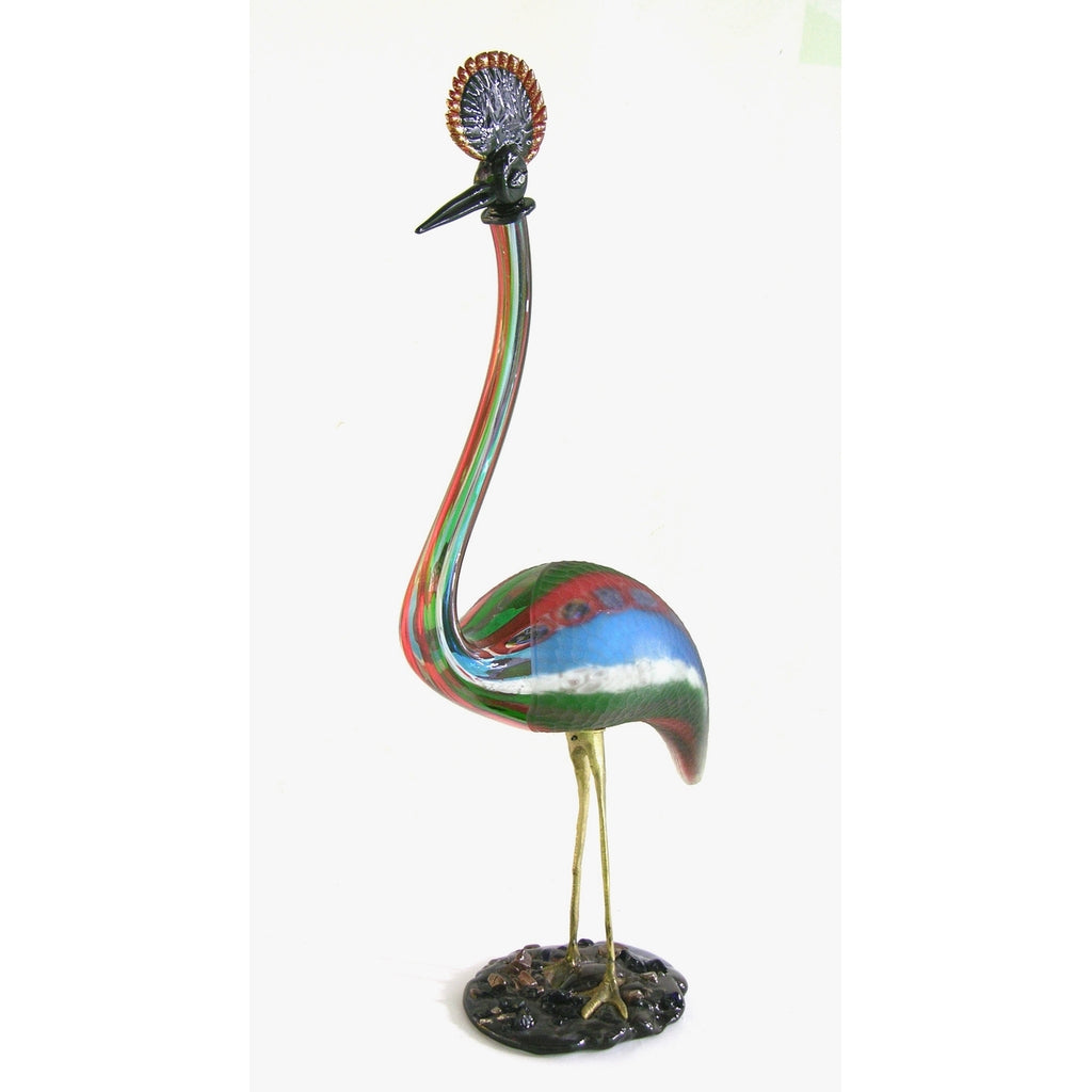 Vintage Italian Tall Red Blue Green White Glass Crested Bird Sculpture