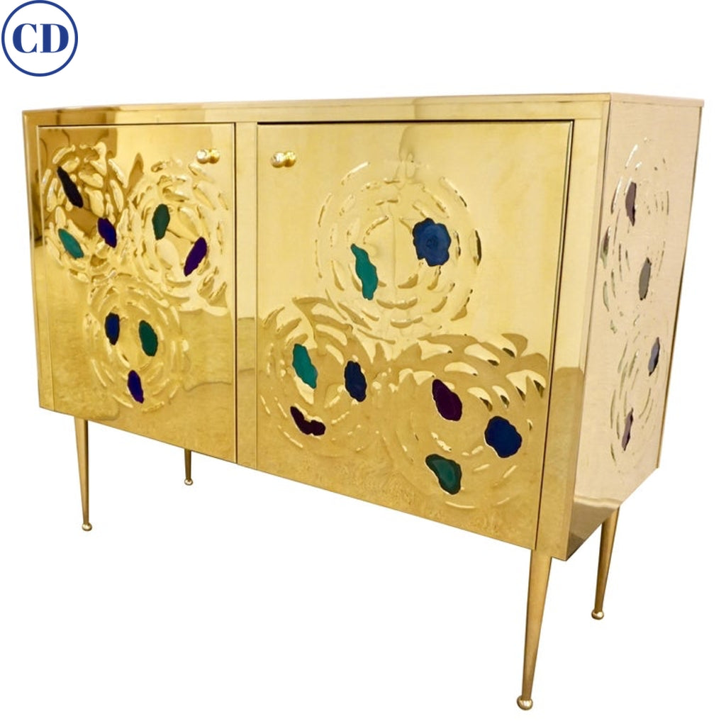 Italian Contemporary Fine Design Brass Cabinet with Blue Green Purple Agate  - NYDC