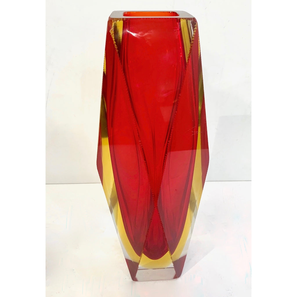1950s Italian Vintage Seguso Yellow Red Crystal Murano Glass Multi Faceted Vase