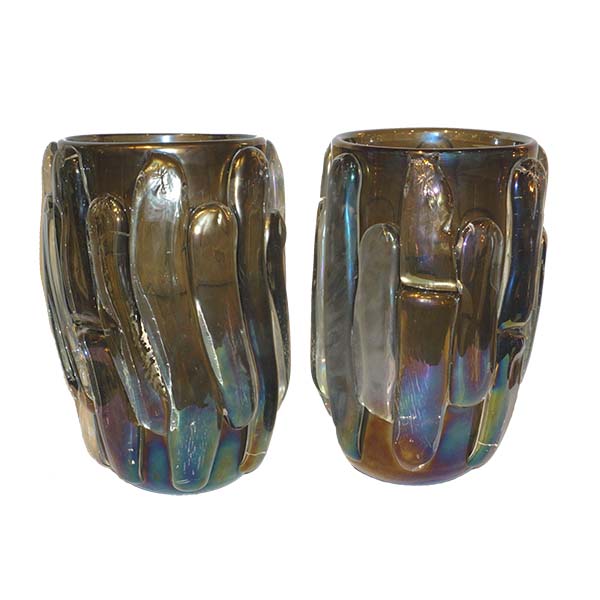 Cenedese Italian Modern Pair of Iridescent Black Smoked Murano Glass Vases