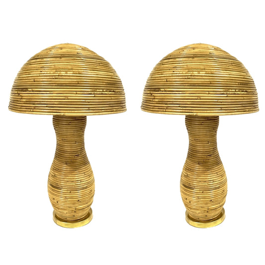 Italian Organic Modern Contemporary Brass & Rattan Mushroom Table/Floor Lamps