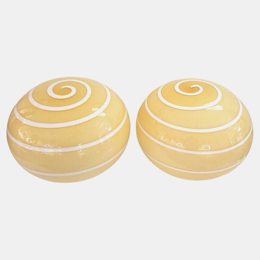1990s Italian Mid-Century Modern Pair of White & Cream Globe Sphere Glass Lamps