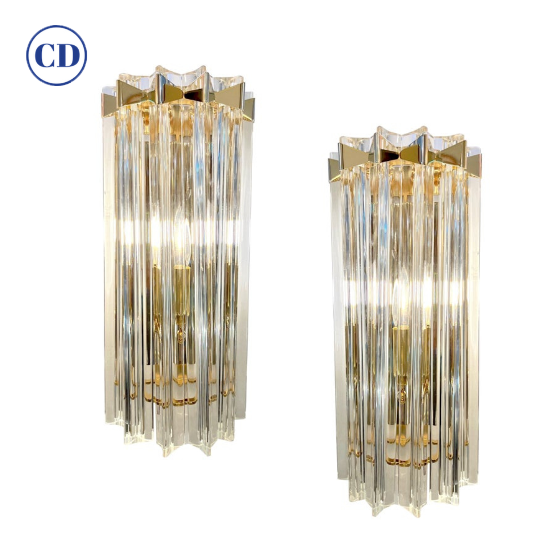 Italian Contemporary Pair of Minimalist Brass Crystal Clear Murano Glass Sconces
