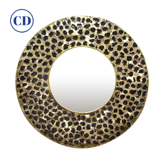 Italian Brutalist Perforated Black Lacquer & Gold Brass Modern Round Mirror