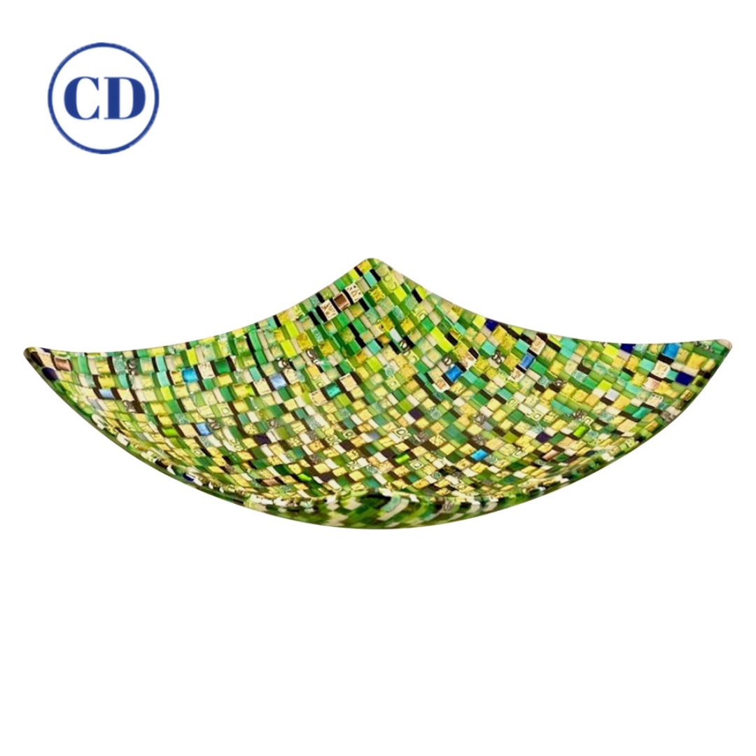 Modern Italian Urban Design Green Yellow & 24Kt Gold Murano Art Glass Mosaic Bowl
