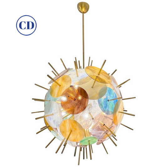 Italian Contemporary Brass & Pastel Murano Glass Sputnik Round Sphere Chandelier