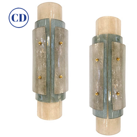Contemporary Italian Wall Lights in Brass White Blue Gray Layered Murano Glass