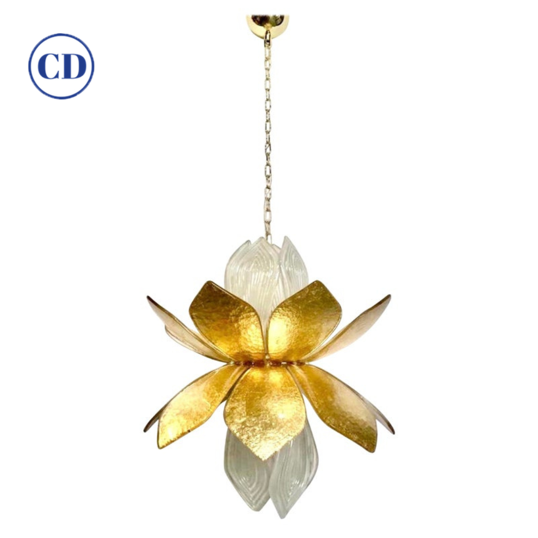 Contemporary Italian Brass Gold Leaf Murano Glass Flower Chandelier Pendant