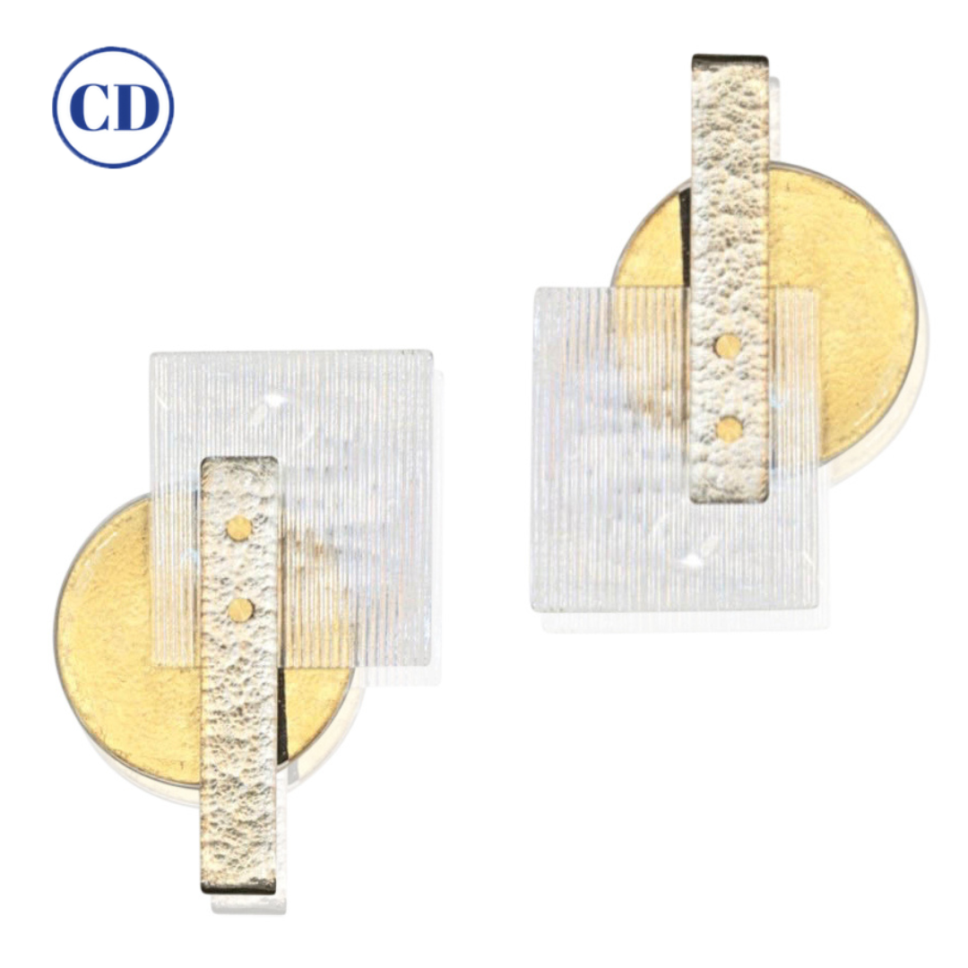 Italian Pair of Abstract Modern Gold Silver and Crystal Murano Glass Sconces