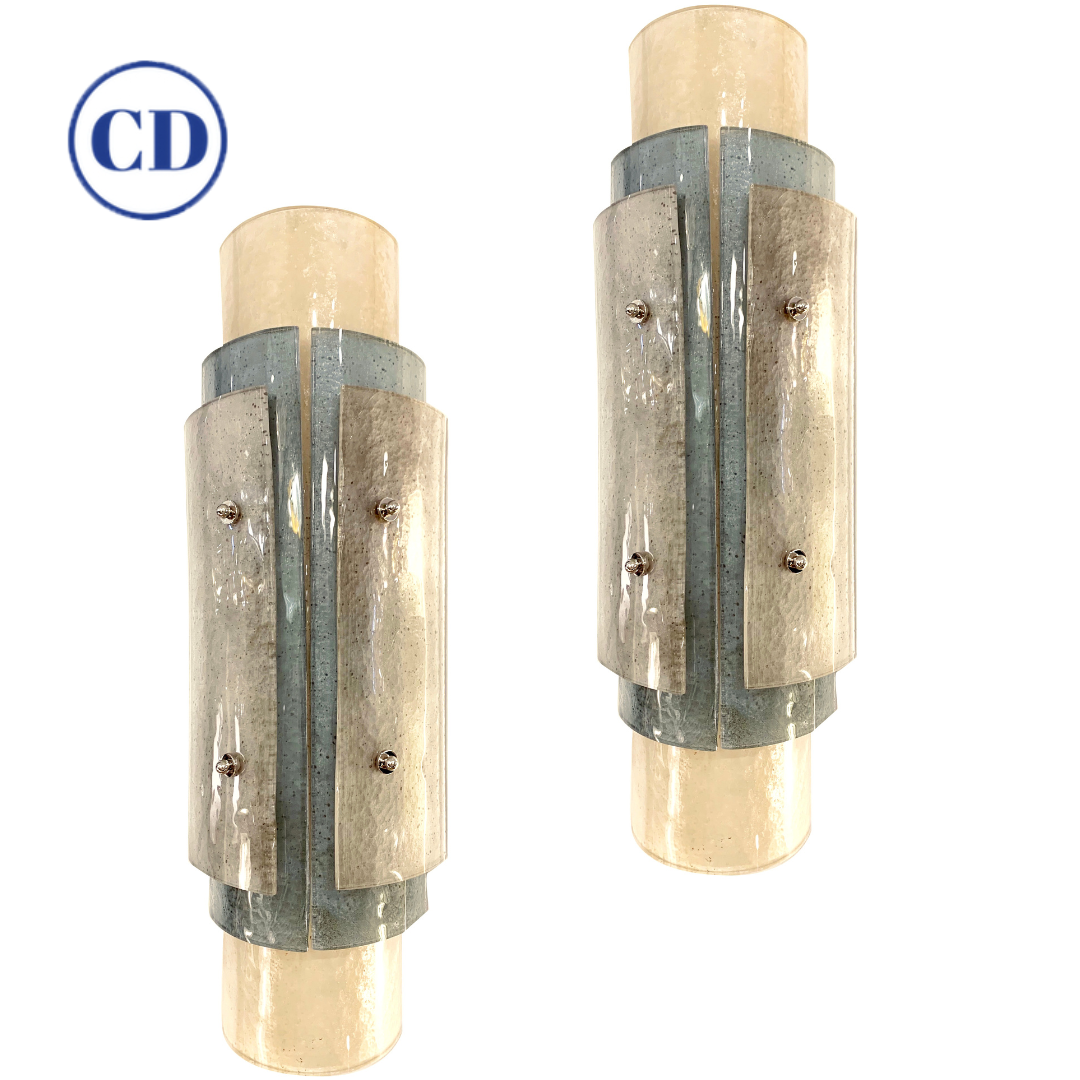 Contemporary Italian White Blue Grey Frosted Murano Glass Nickel Wall Lights