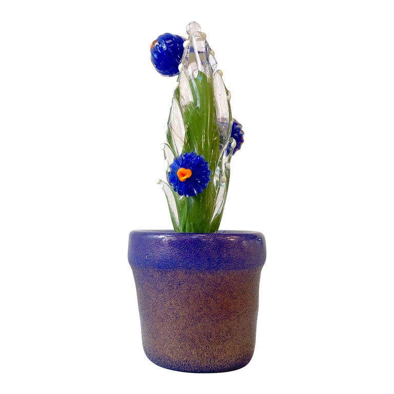 2000s Italian Moss Green Gold Murano Art Glass Cactus Plant with Blue Flowers