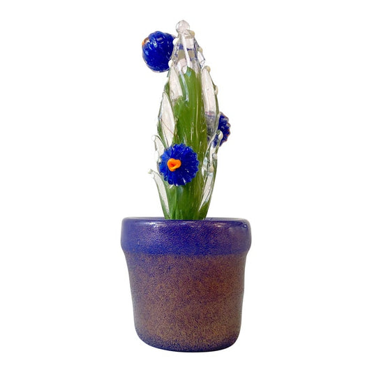 2000s Italian Moss Green Gold Murano Art Glass Cactus Plant with Blue Flowers