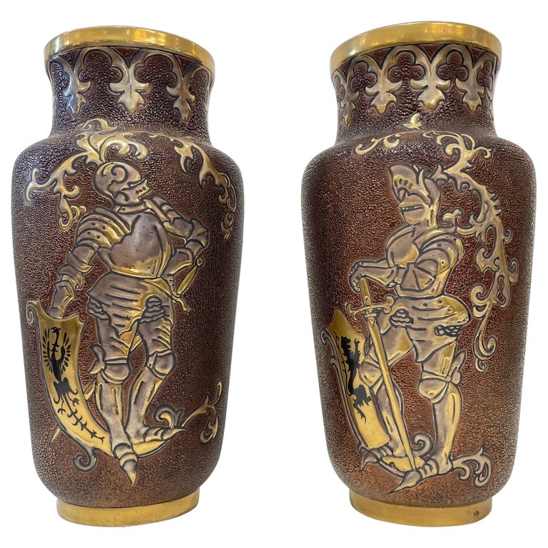 1880 Gien French Faience Pair Majolica Gold & Brown Vases with Armored Knights