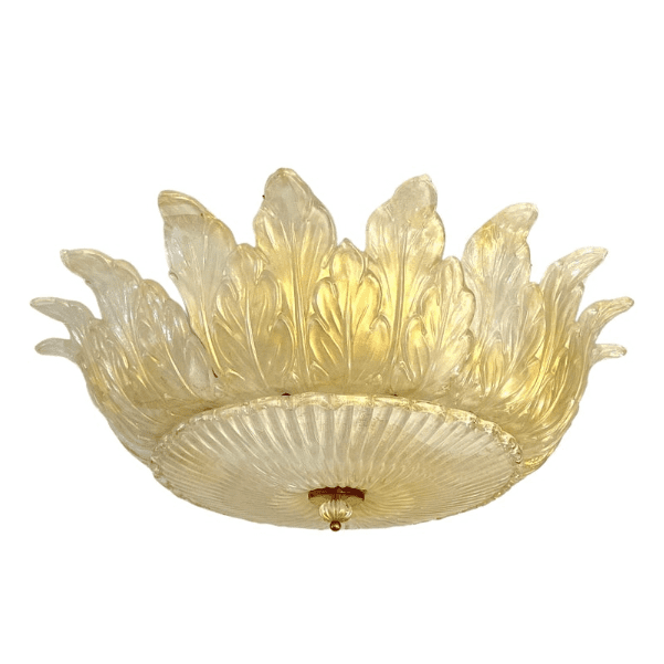 Italian Leaf Decor Pearl White and Gold Murano Glass Flush Mount Chandelier 1980