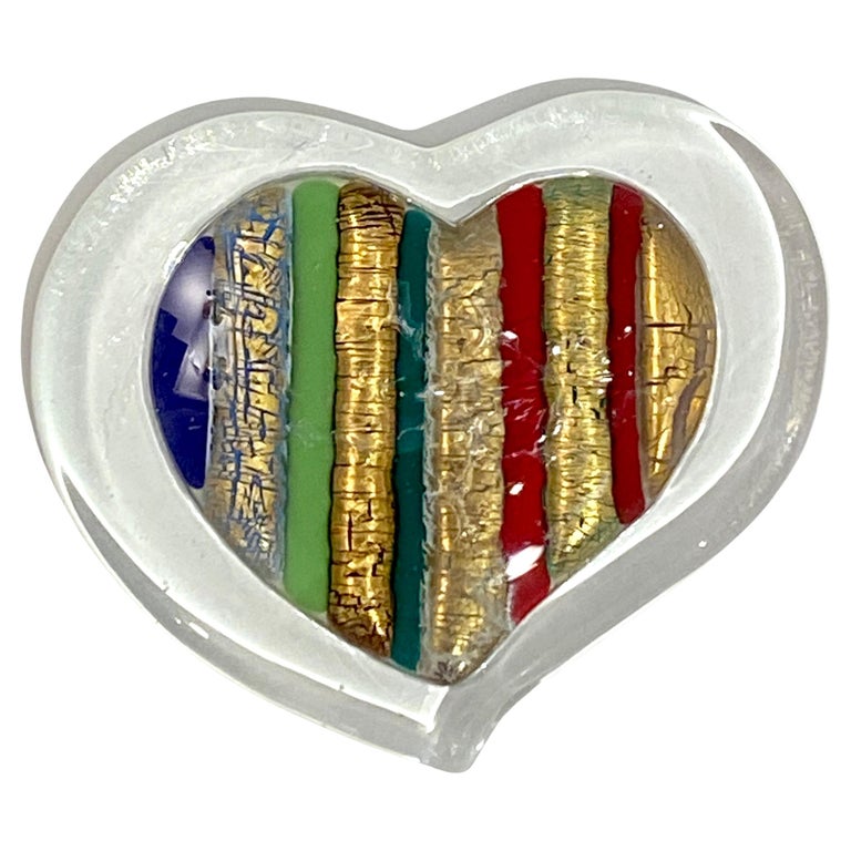 Italian Crystal Blue Green Gold Red Murano Glass Heart Shaped Modern Paperweight