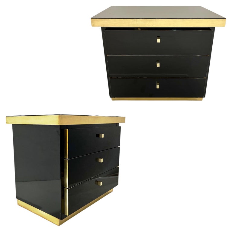 1970 Italian Vintage Brass Black Lacquer 3-Drawer Pair of NightStands/Sidetables
