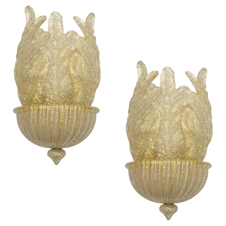 Vintage Italian Pair Signed Barovier-Toso Amber Crystal Murano Glass Wall Lights