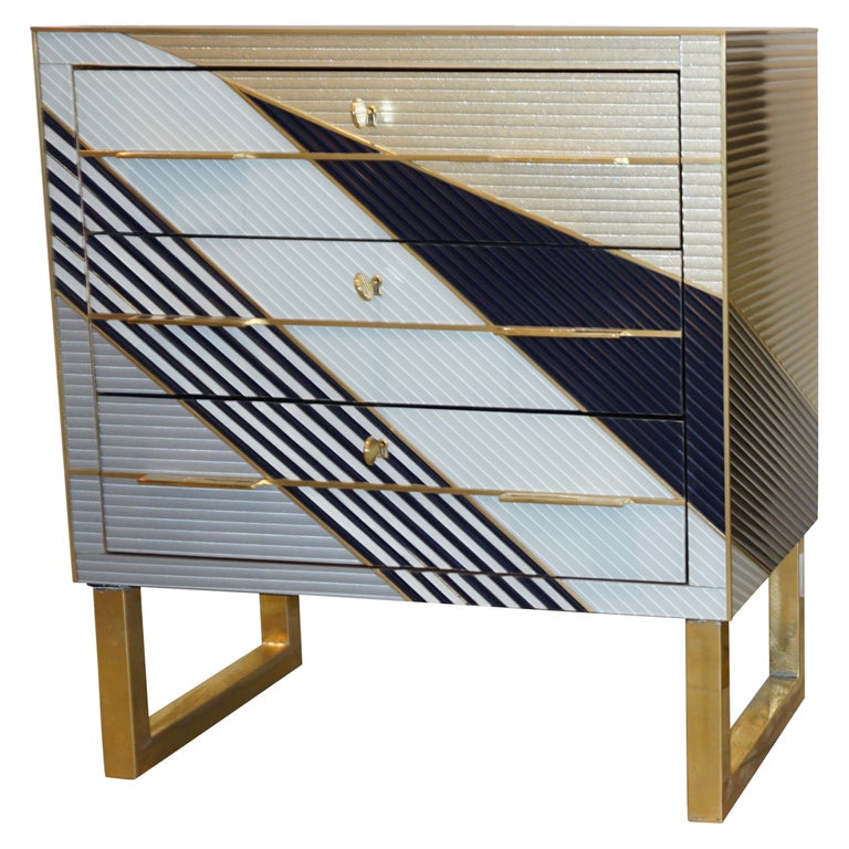 Italian Postmodern Navy Blue Cream Gold Gray Chest/Nightstand on Square Brass Legs