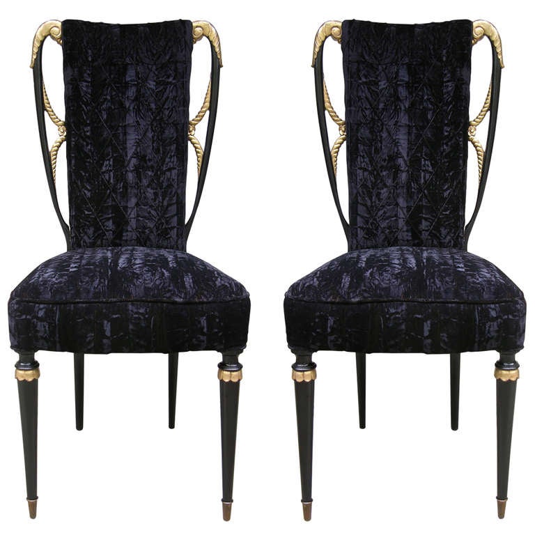 1940s Italian Late Art Deco Pair Gilded Black Lacquered Chairs in Black Velvet