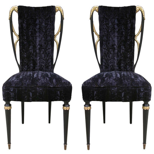 1940s Italian Late Art Deco Pair Gilded Black Lacquered Chairs in Black Velvet