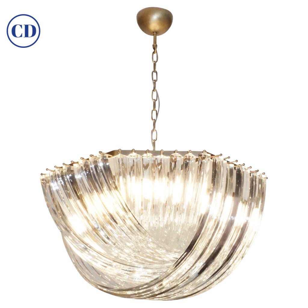 Contemporary Italian Minimalist Curved Crystal Murano Glass Bronzed Chandelier