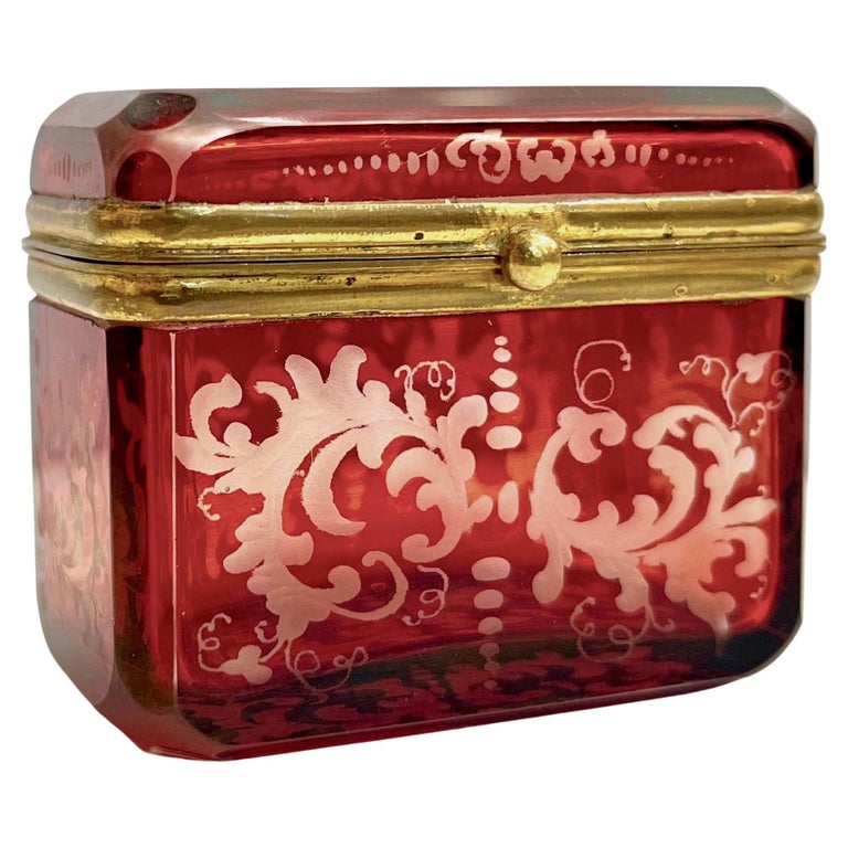 Antique Austrian Hinged Lid Ruby Red Bohemian Engraved Cut Crystal Trinket Box