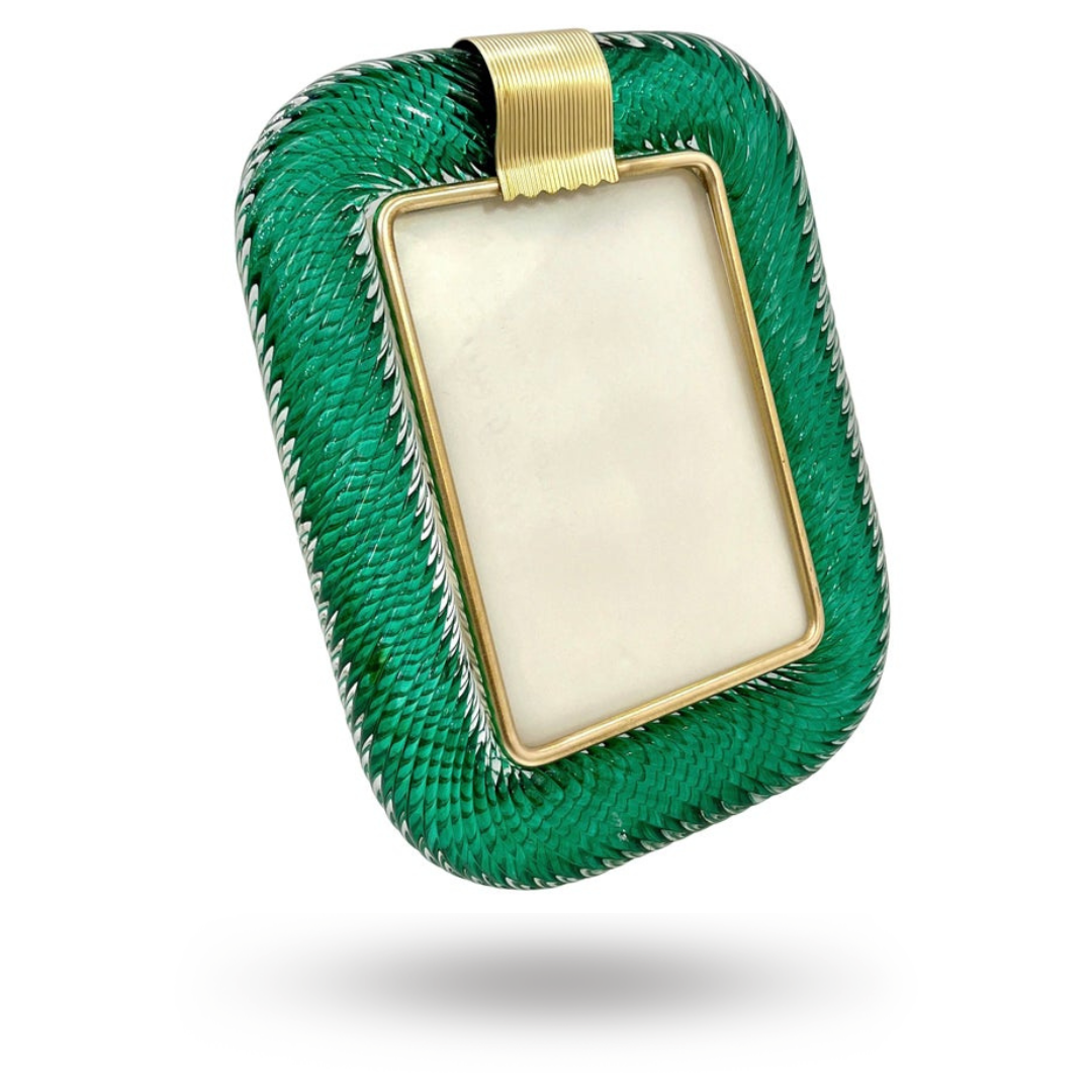 2000s Barovier Toso Italian Dark Hunter Green Murano Glass Brass Picture Frame