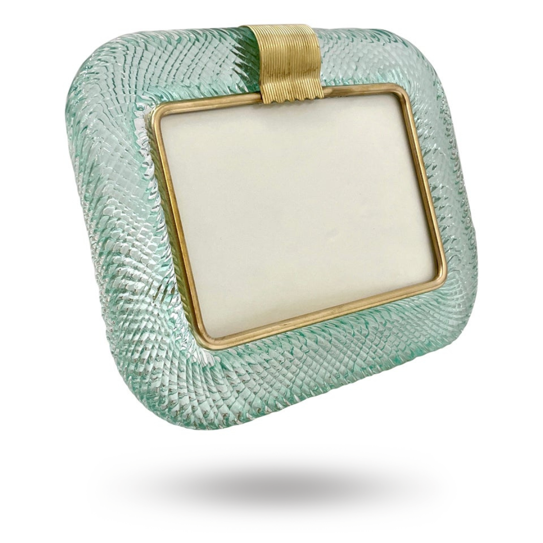 2000s Italian Vintage Aquamarine Blue Twisted Murano Glass & Brass Picture Frame