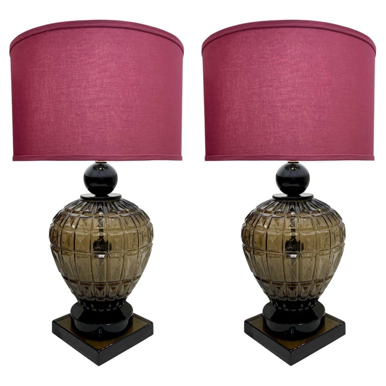 Vivarini 1970 Italian Vintage Pair of Black Smoked Murano Glass Plum Linen Lamps