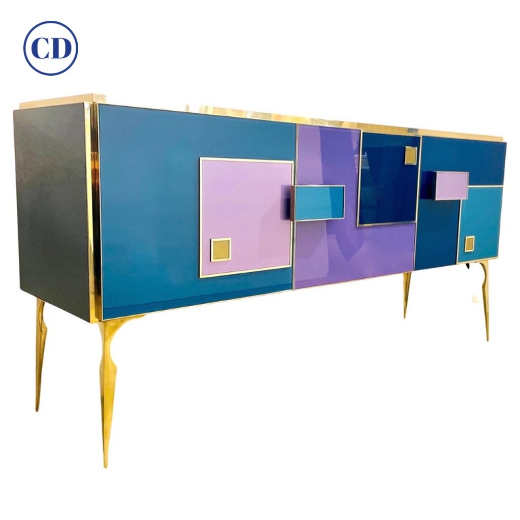 Bespoke Italian Black Purple Blue Gold Geometric Postmodern Cabinet / Sideboard