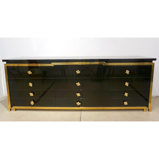 1970s Italian Vintage Studio A Brass & Black Lacquer 12-Drawer Dresser/Sideboard