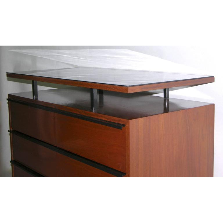 1960s Modern Italian Wood Chest with Shelf on Brass & Black Lacquered Metal Legs