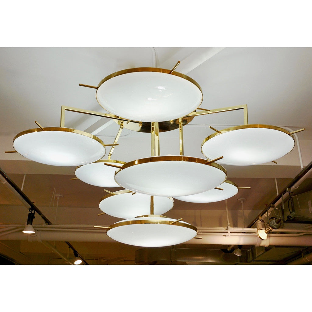 Italian Contemporary Multi Level Brass and White Murano Glass Disk Chandelier - Cosulich Interiors & Antiques