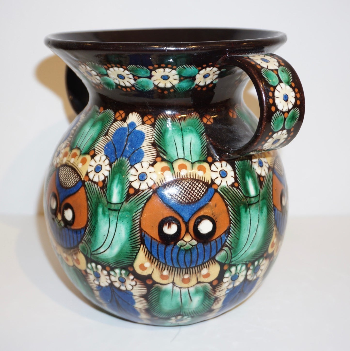 Antique Swiss Arts & Crafts Brown Green Blue Thoune Majolica Two Handled Vase